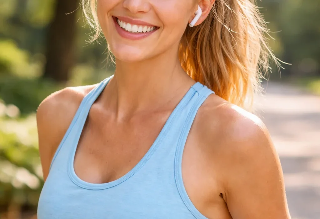 smiling woman running in the park wearing workout gear and earphones