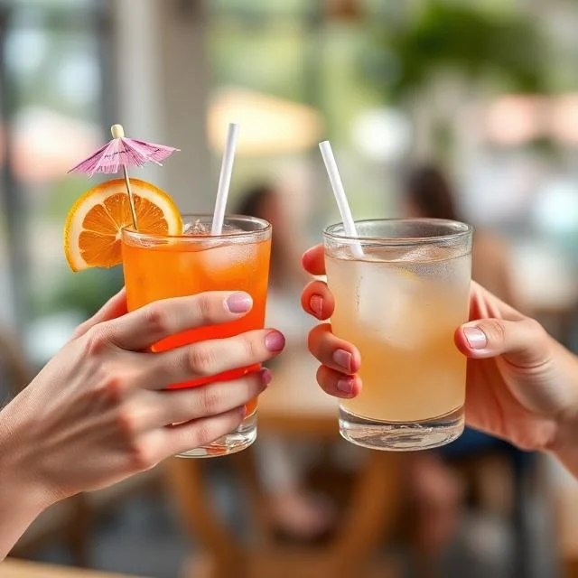 Two hands holding up chilled cocktails with ice and straws—one orange with an orange slice and umbrella, and one pale yellow—in a cheers gesture at a sunlit outdoor patio.