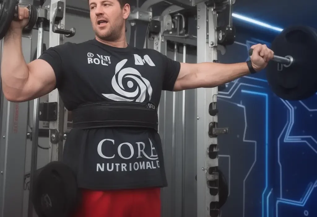 A man in a black "CORE NUTRIOMALE" t-shirt and weightlifting belt performing a shoulder press exercise in a gym setting. He is lifting a barbell with weight plates in a power rack.