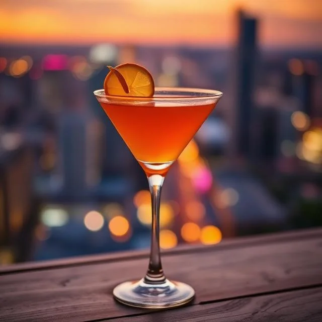 An orange cocktail in a martini glass garnished with a citrus slice, sitting on a wooden ledge with a blurred sunset city skyline in the background.