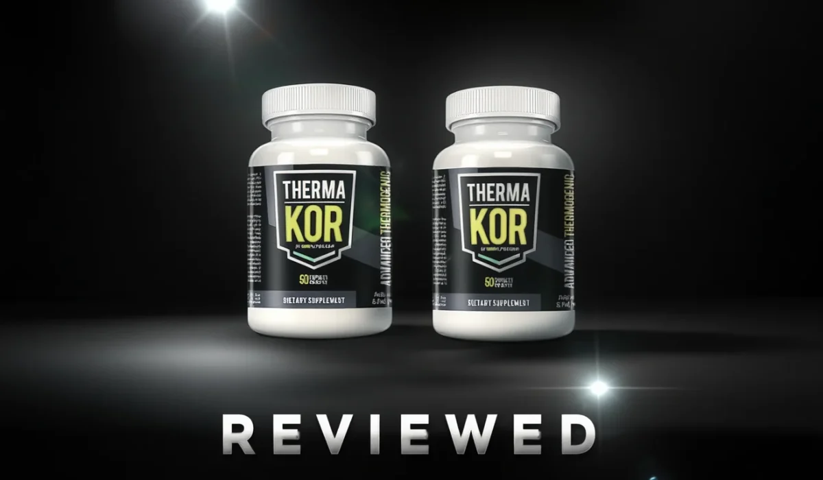 Two white bottles of ThermaKor Advanced Thermogenic dietary supplement on a dark, reflective surface with lens flare effects and the word "REVIEWED" in bold silver text at the bottom.