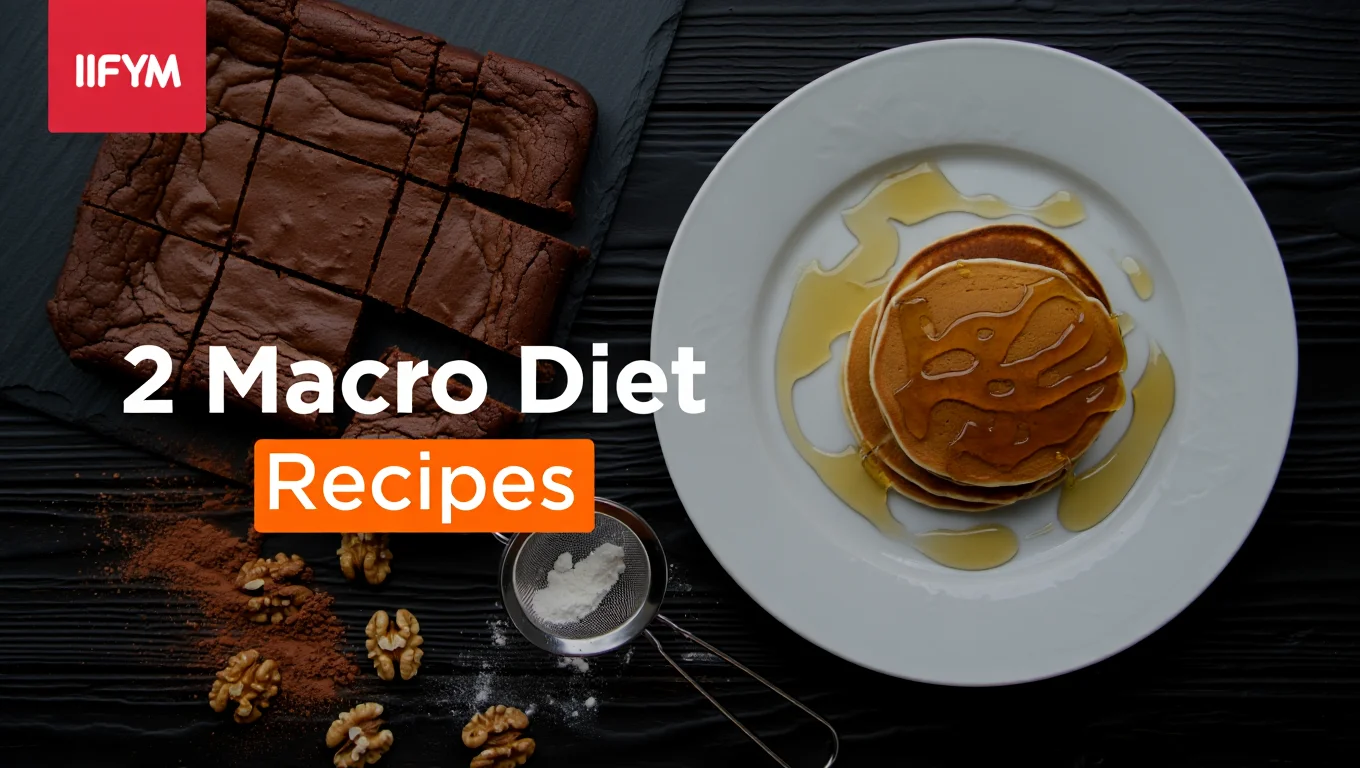 A dark wood background featuring two macro-friendly recipes: a tray of sliced chocolate protein brownies and a stack of pancakes topped with syrup. The image includes the text "2 Macro Diet Recipes" and the IIFYM logo.