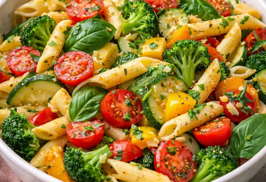 vegetable pasta with broccoli, tomatoes, zucchini, and basil