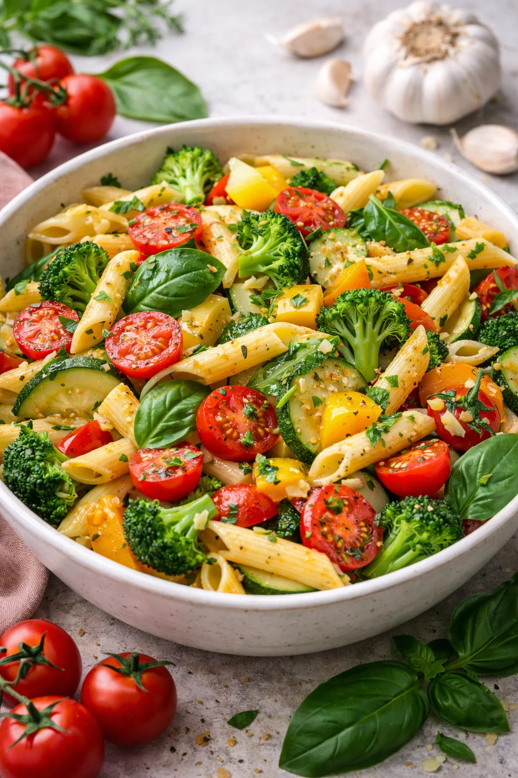 vegetable pasta with broccoli, tomatoes, zucchini, and basil