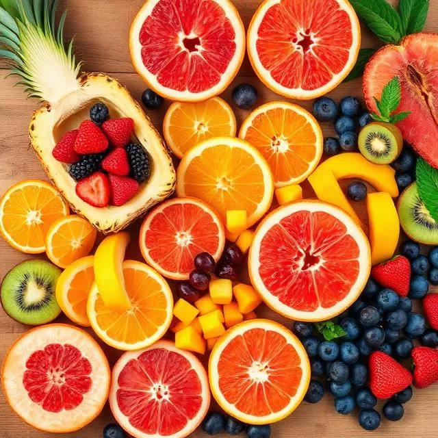 A colorful top-down flat lay of various sliced fruits including grapefruits, oranges, kiwi, blueberries, strawberries, and a hollowed-out pineapple filled with berries on a wooden surface.