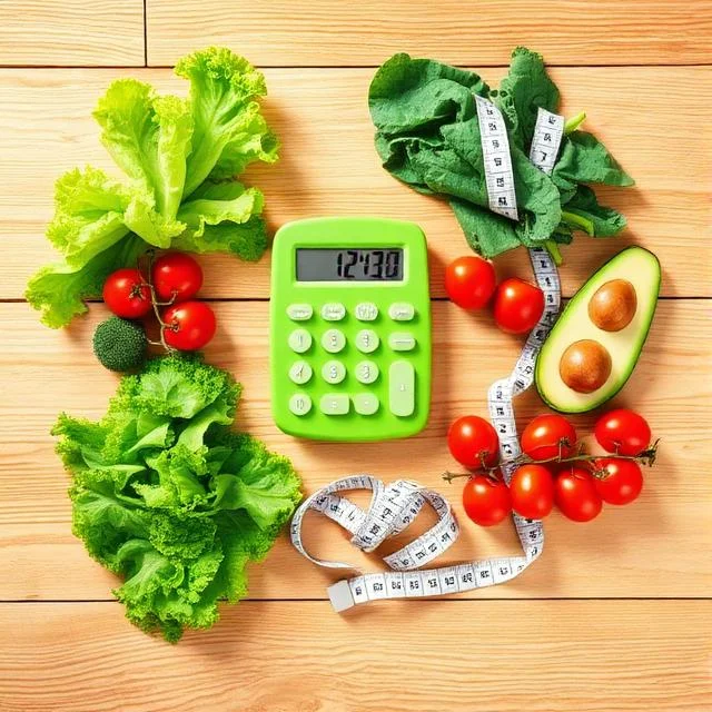 A close-up of a woman in grey fitness leggings using a yellow measuring tape to check her waist circumference, with a fresh salad bowl in the foreground.