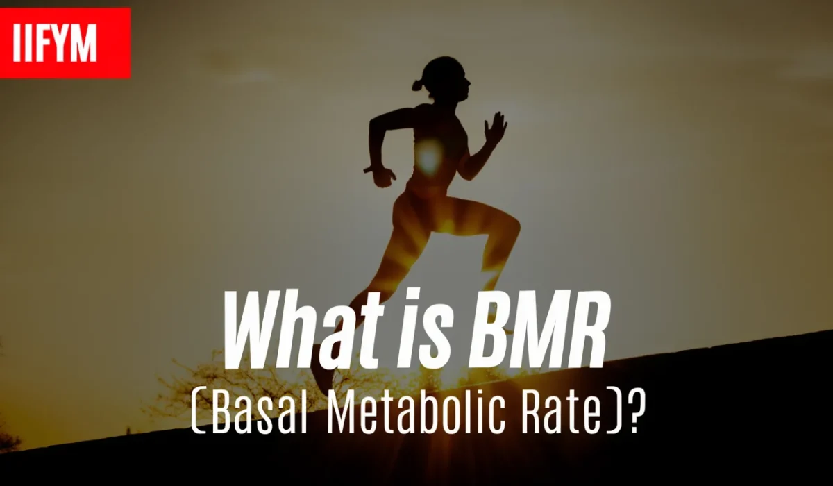  A silhouette of a person running against a golden sunset background with the text "What is BMR (Basal Metabolic Rate)?" and the red IIFYM logo in the top left corner.