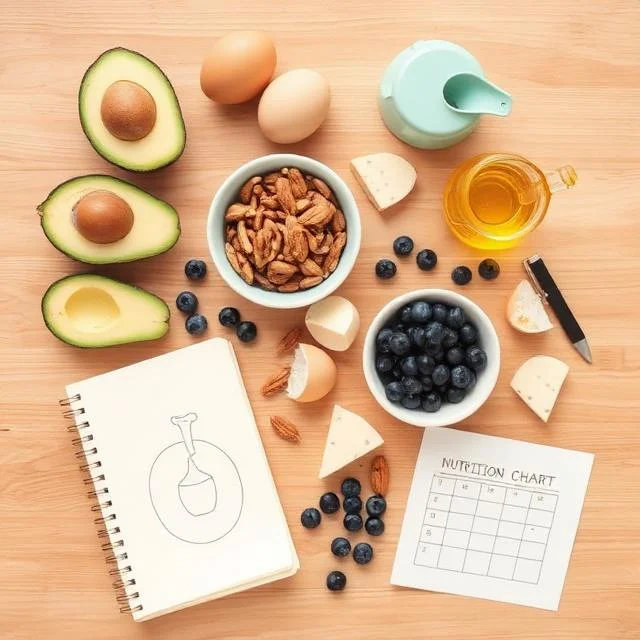 A top-down flat lay on a light wooden surface featuring avocados, eggs, bowls of nuts and blueberries, a notebook with a drawing, and a printed nutrition chart.