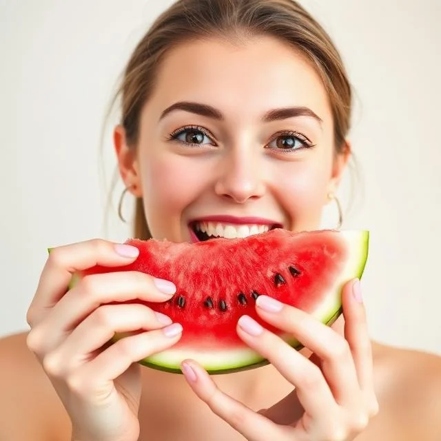 A close-up of a smiling young woman with light brown hair taking a bite from a large, juicy slice of red watermelon.