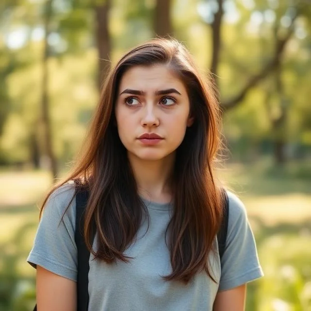 A young woman with long brown hair wearing a grey t-shirt and backpack straps, looking off-camera with a thoughtful expression against a blurred green park background.