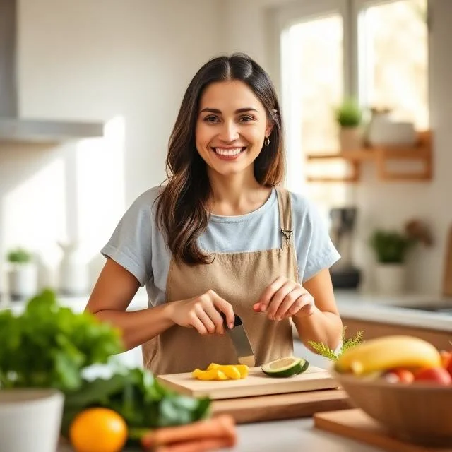 A close-up portrait of a smiling young woman with dark hair wearing a beige apron, carefully slicing an avocado and mango on a wooden cutting board in a brightly lit kitchen.
