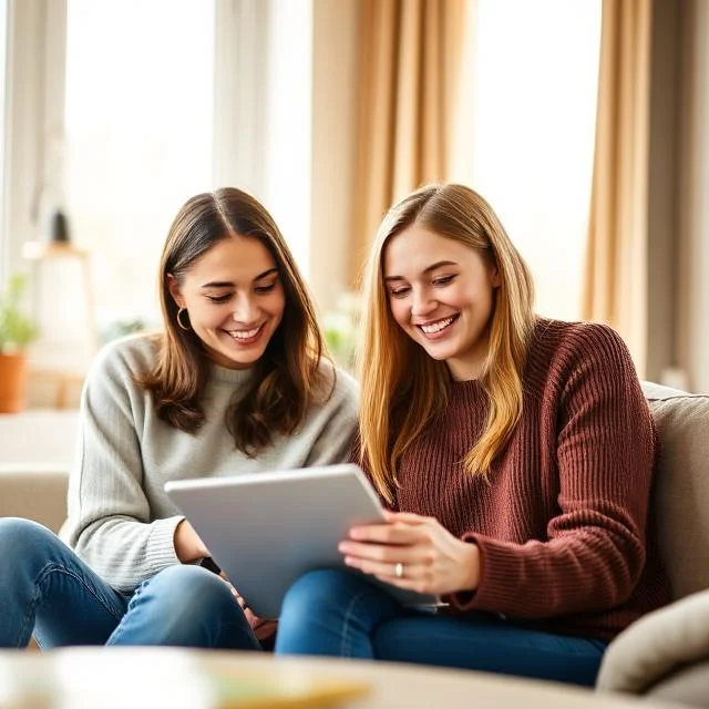 Two smiling young women, one with dark hair and one with blonde hair, sitting together on a couch and looking at a digital tablet.