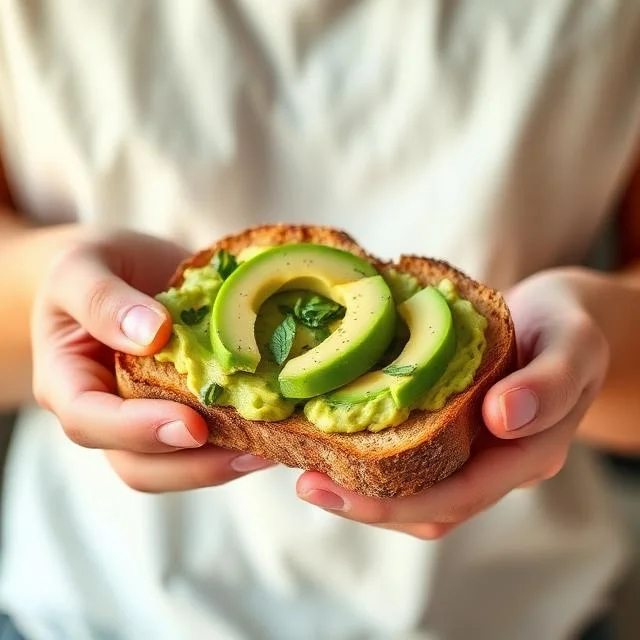 Close-up of a person holding a slice of toasted whole-grain bread topped with mashed avocado and fresh avocado slices seasoned with herbs.