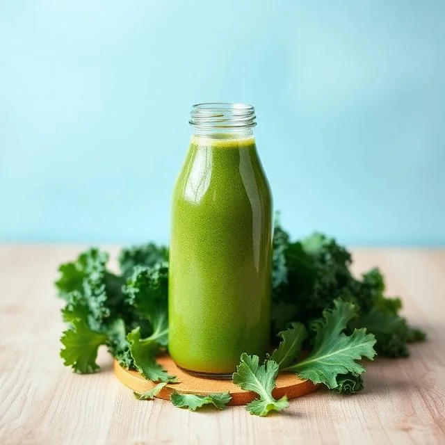 A glass bottle filled with a vibrant green kale smoothie placed on a wooden surface with fresh kale leaves scattered around the base against a light blue background.