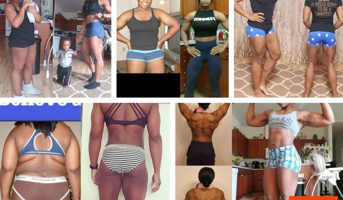 A collage of before and after fitness transformation photos of a woman showing significant muscle definition and weight loss progress, featuring the IIFYM logo.