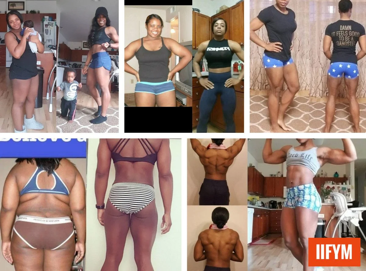 A collage of before and after fitness transformation photos of a woman showing significant muscle definition and weight loss progress, featuring the IIFYM logo.