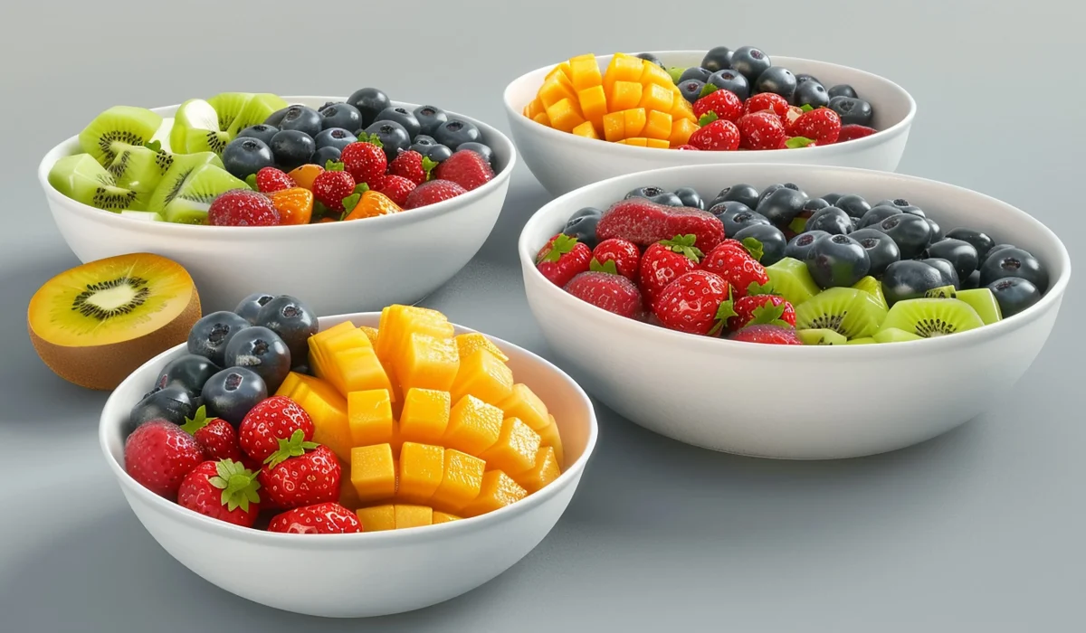 Four white bowls filled with a colorful variety of fresh fruit, including sliced mango, strawberries, blueberries, and kiwi, arranged on a neutral grey surface.