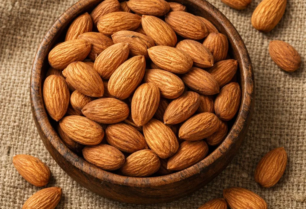 A top-down view of a wooden bowl filled with raw, brown almonds sitting on a rustic burlap cloth background with scattered almonds around the base.