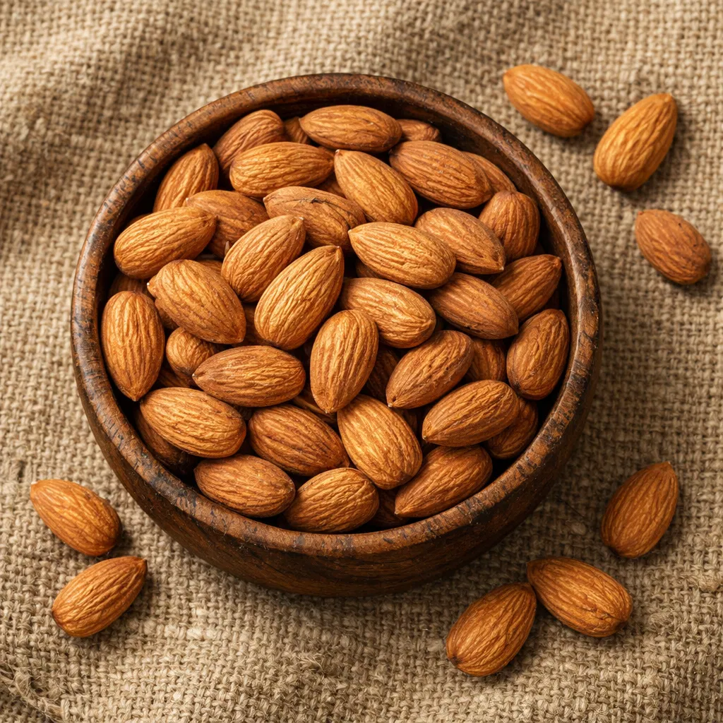A top-down view of a wooden bowl filled with raw, brown almonds sitting on a rustic burlap cloth background with scattered almonds around the base.
