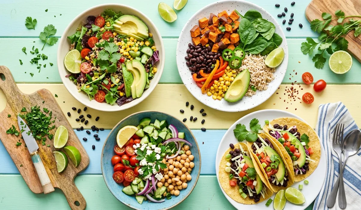 A colorful flat lay featuring four healthy Mexican-inspired dishes on a pastel-striped wooden table. It includes two grain bowls with avocado and corn, a chickpea salad bowl, and three black bean tacos with lime wedges.