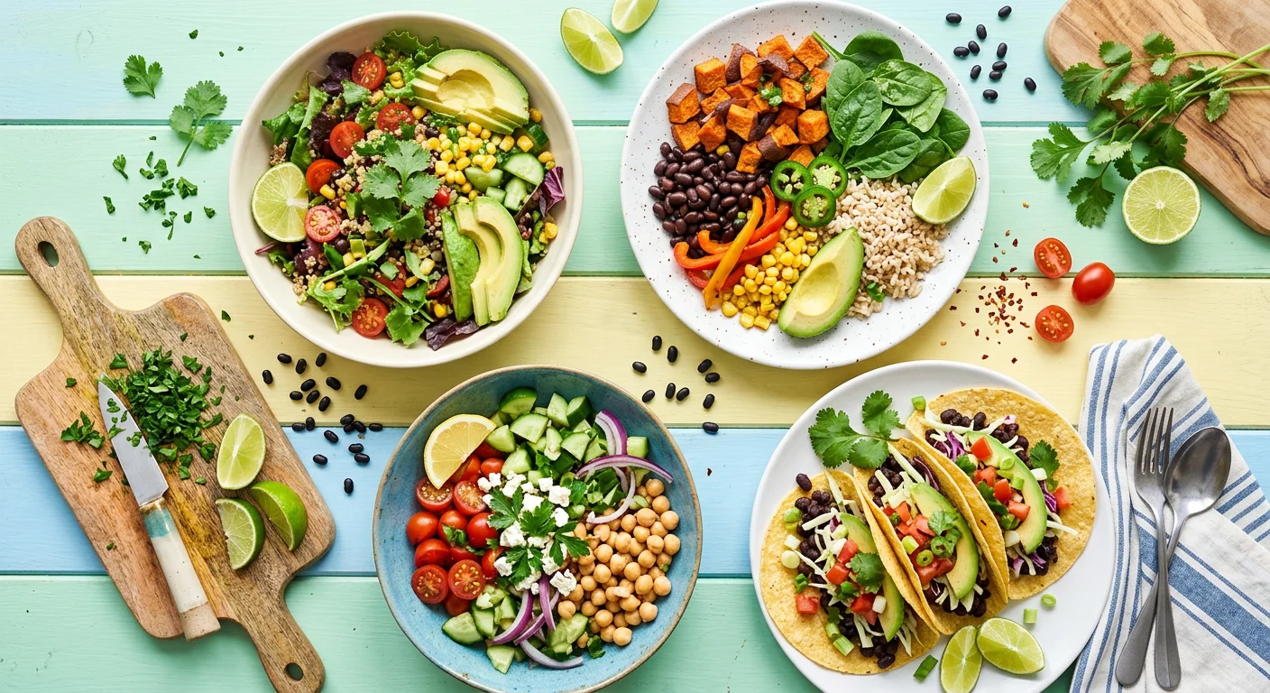 A colorful flat lay featuring four healthy Mexican-inspired dishes on a pastel-striped wooden table. It includes two grain bowls with avocado and corn, a chickpea salad bowl, and three black bean tacos with lime wedges.