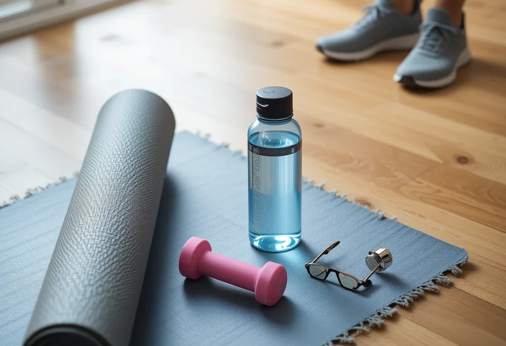 A view from above of a rolled-up grey yoga mat, a pink dumbbell, a clear water bottle, and a pair of spectacles resting on a blue woven mat on a wooden floor, with a person in grey sneakers standing in the background.