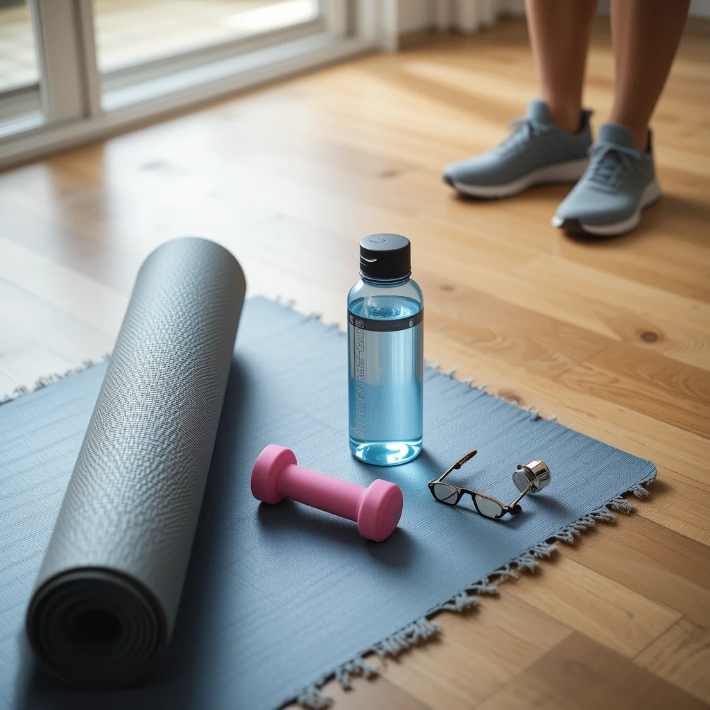 A view from above of a rolled-up grey yoga mat, a pink dumbbell, a clear water bottle, and a pair of spectacles resting on a blue woven mat on a wooden floor, with a person in grey sneakers standing in the background.