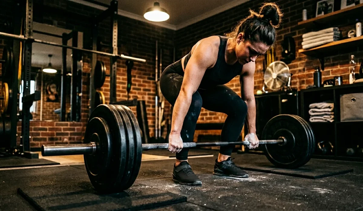 A woman in black gym wear performing a heavy barbell deadlift in a rustic, brick-walled garage gym. She has her hands chalked and is maintaining a neutral spine in the starting position of the lift.