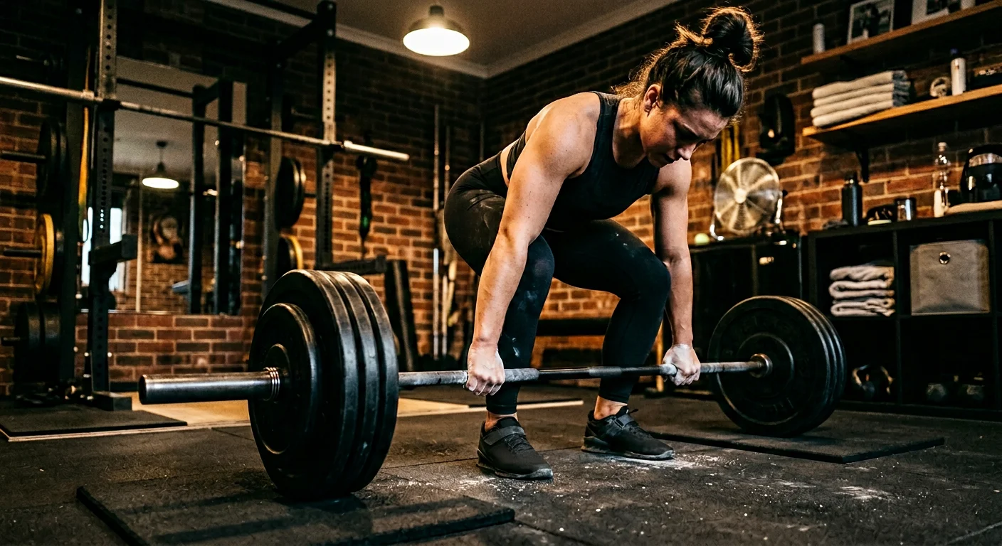 A woman in black gym wear performing a heavy barbell deadlift in a rustic, brick-walled garage gym. She has her hands chalked and is maintaining a neutral spine in the starting position of the lift.
