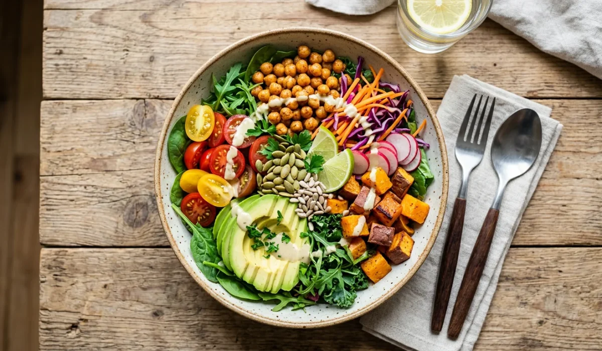 A top-down view of a colorful nourish bowl on a rustic wooden table. The bowl contains sliced avocado, roasted sweet potatoes, cherry tomatoes, chickpeas, radishes, red cabbage, pumpkin seeds, and fresh greens, topped with a creamy dressing and lime wedges.