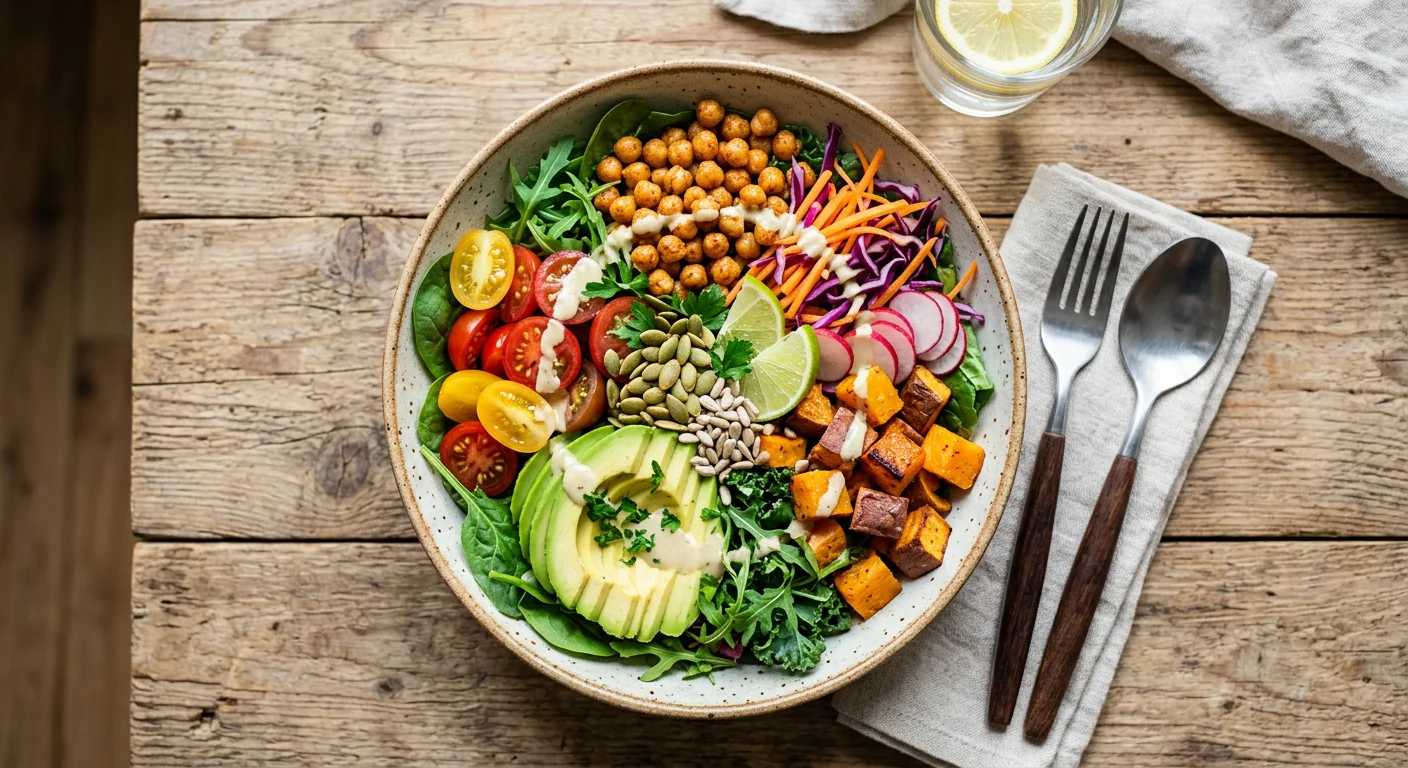 A top-down view of a colorful nourish bowl on a rustic wooden table. The bowl contains sliced avocado, roasted sweet potatoes, cherry tomatoes, chickpeas, radishes, red cabbage, pumpkin seeds, and fresh greens, topped with a creamy dressing and lime wedges.
