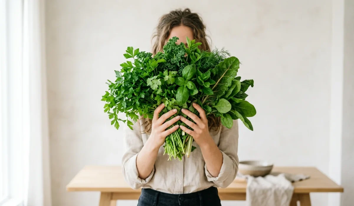 A woman standing in a kitchen holding a large, fresh bouquet of green leafy vegetables and herbs, such as kale and parsley, in front of her face.