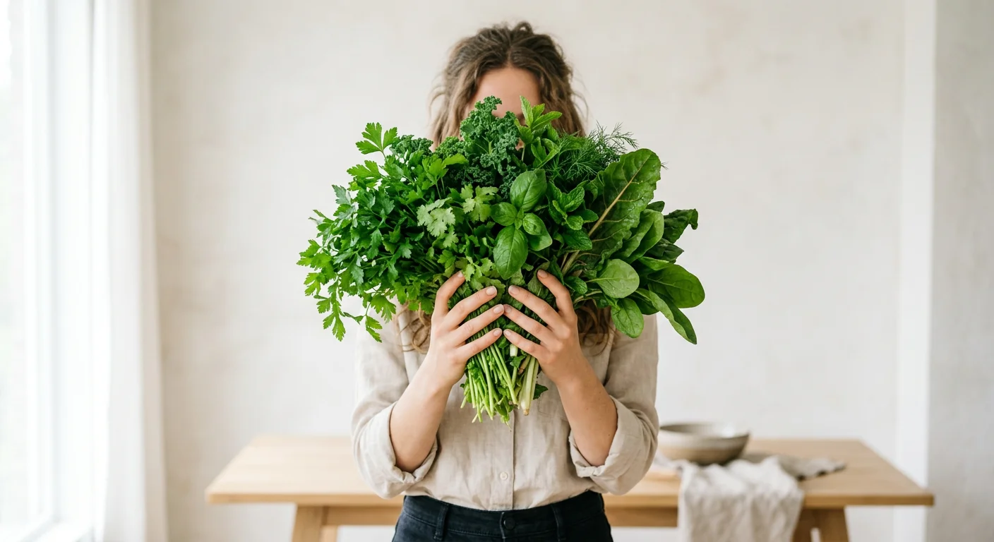 A woman standing in a kitchen holding a large, fresh bouquet of green leafy vegetables and herbs, such as kale and parsley, in front of her face.
