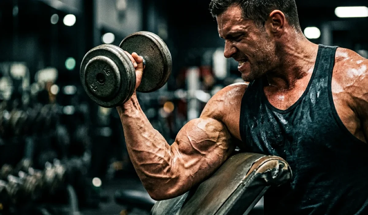 A close-up of a muscular man with significant vascularity performing a heavy dumbbell preacher curl. He is wearing a black tank top and showing a strained facial expression of intense effort in a dimly lit gym environment.