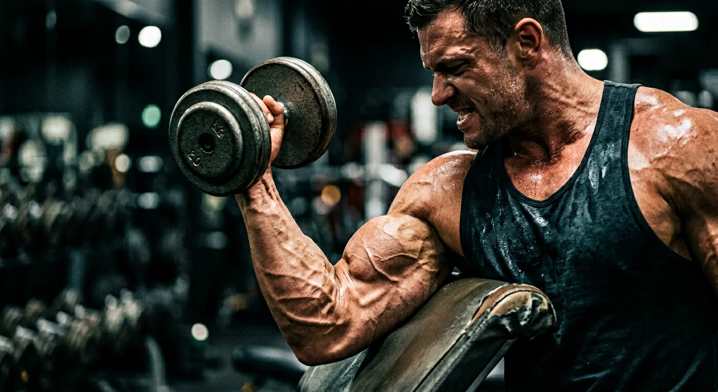 A close-up of a muscular man with significant vascularity performing a heavy dumbbell preacher curl. He is wearing a black tank top and showing a strained facial expression of intense effort in a dimly lit gym environment.