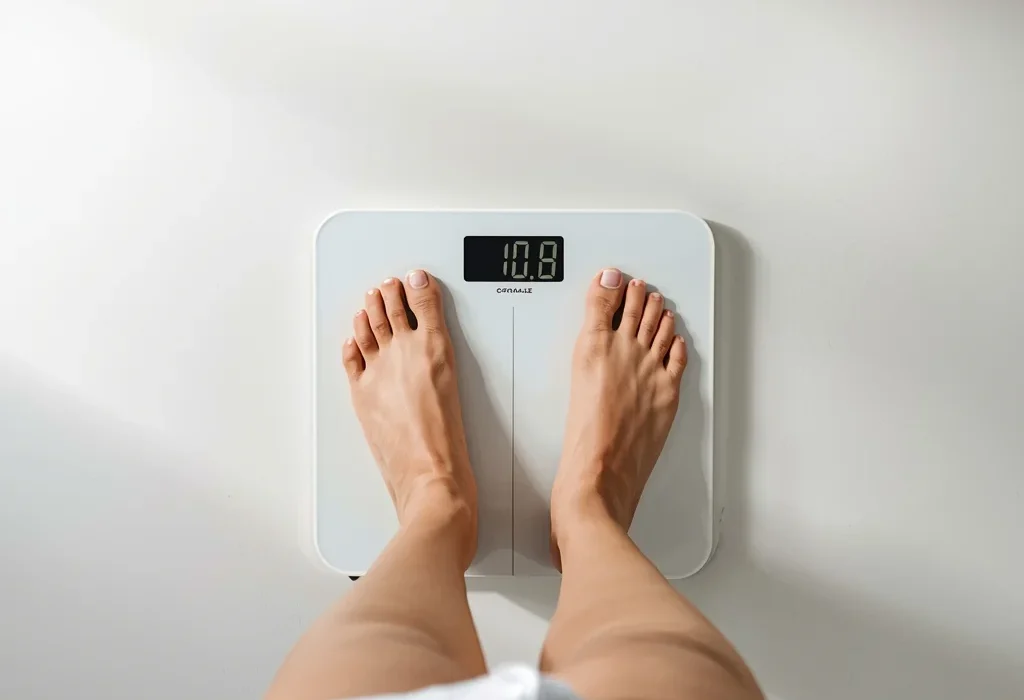A top-down perspective view of a person's feet standing on a white digital bathroom scale. The scale displays a digital reading on a clean, light-colored floor.