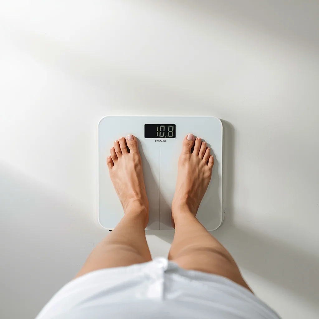 A top-down perspective view of a person's feet standing on a white digital bathroom scale. The scale displays a digital reading on a clean, light-colored floor.