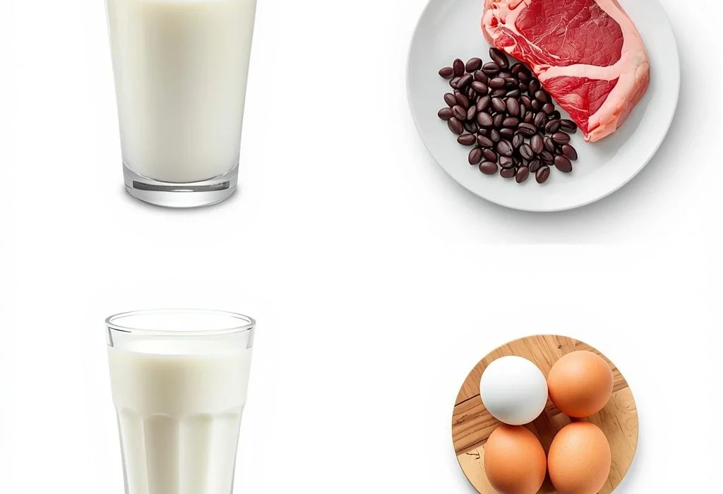 A four-part grid image featuring high-protein food sources on a white background. It includes two glasses of milk, a plate with raw red meat and black beans, and a small wooden board with four eggs (one white, three brown).
