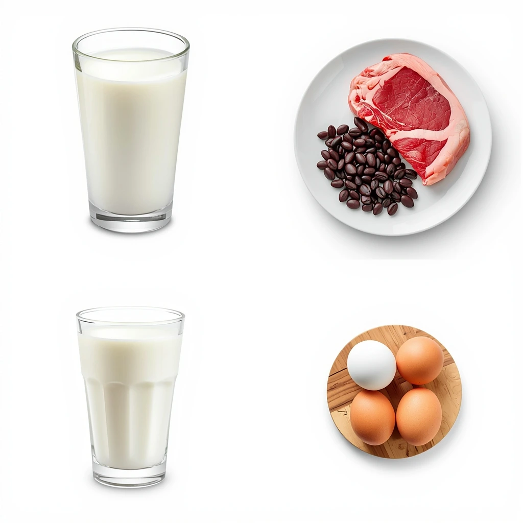 A four-part grid image featuring high-protein food sources on a white background. It includes two glasses of milk, a plate with raw red meat and black beans, and a small wooden board with four eggs (one white, three brown).