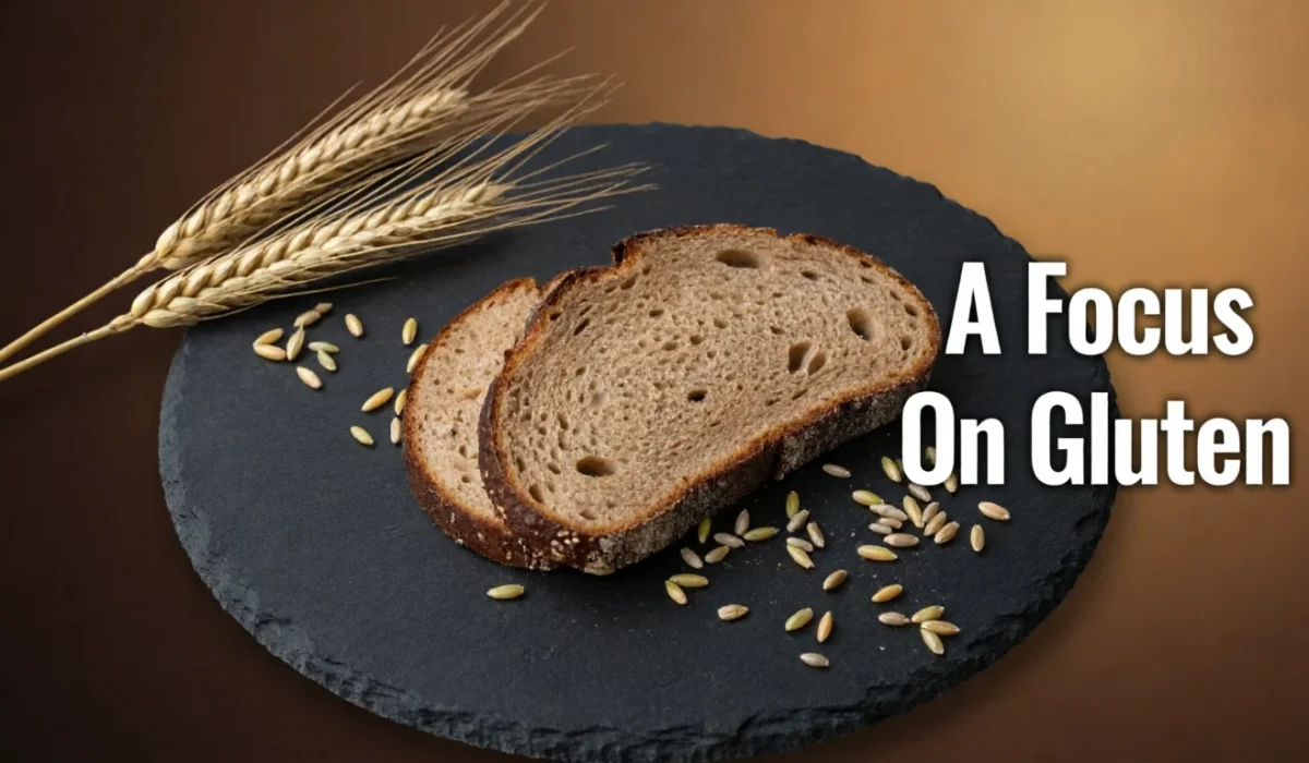 Two slices of whole-grain bread and stalks of wheat resting on a dark slate plate. A text overlay on the right reads "A Focus On Gluten" against a warm brown and gold background.