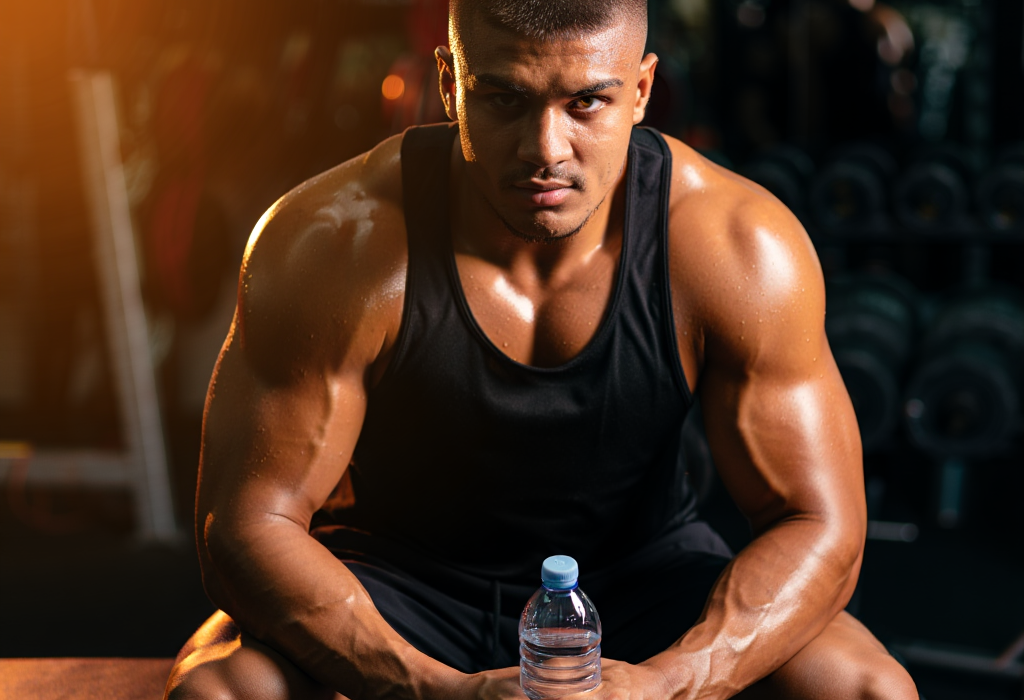 A muscular man in a black tank top sitting on a gym bench, looking directly at the camera while holding a clear water bottle.