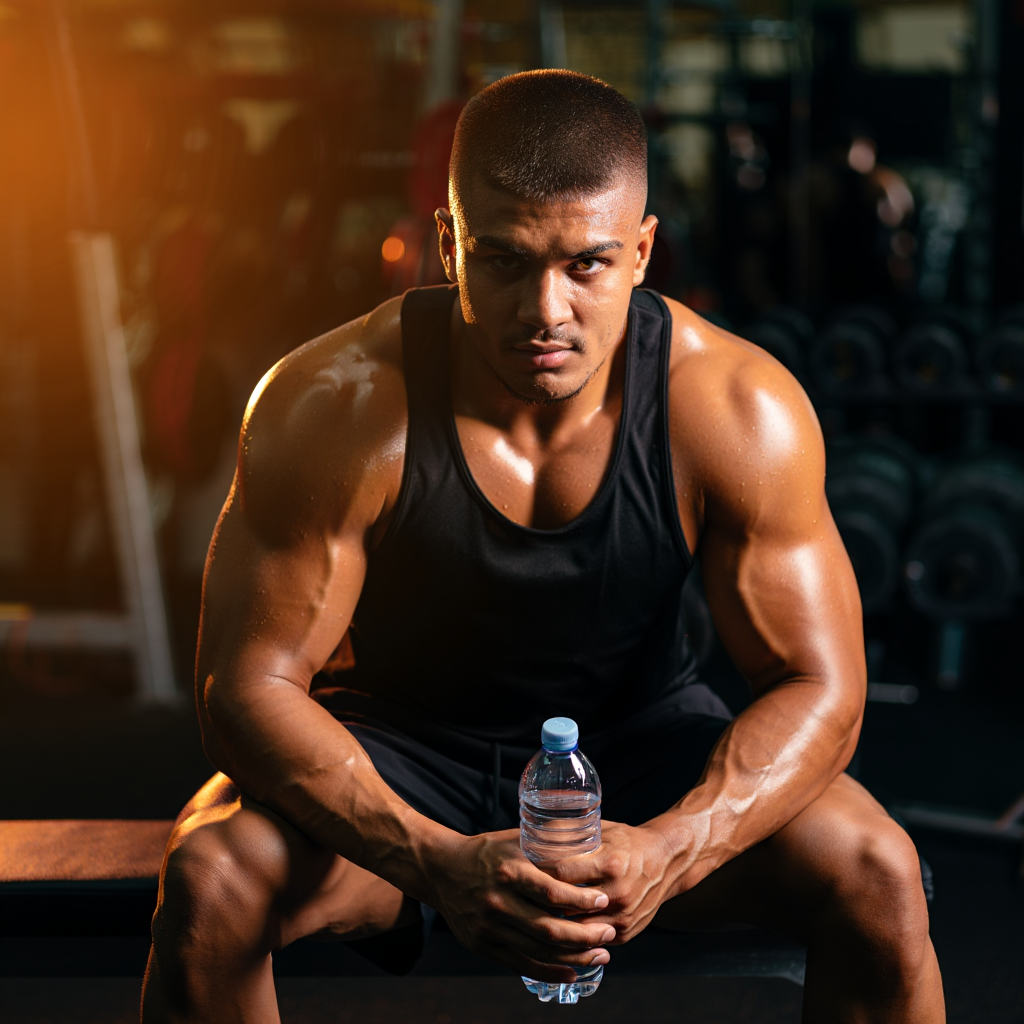 A muscular man in a black tank top sitting on a gym bench, looking directly at the camera while holding a clear water bottle.