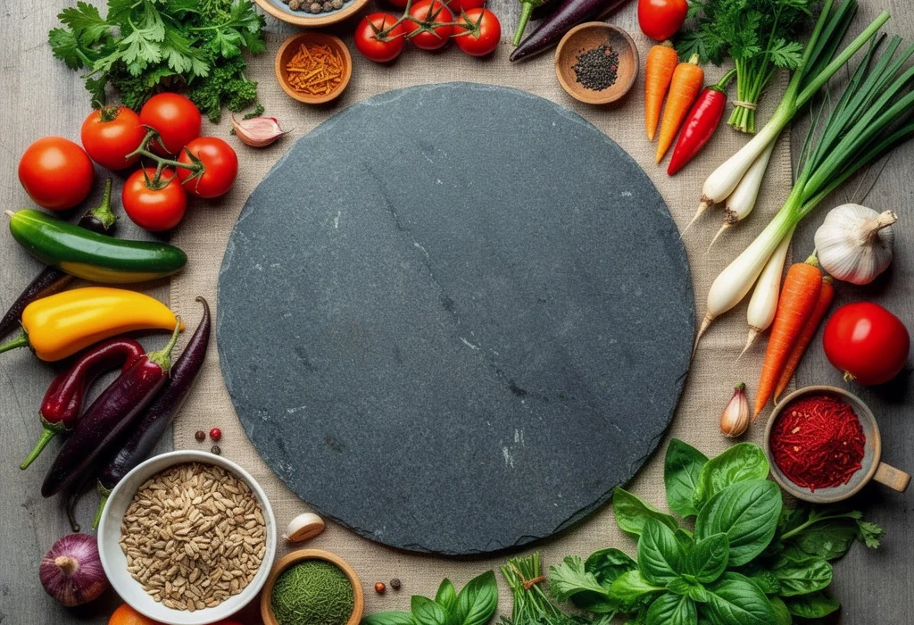 A top-down view of a wooden cutting board surrounded by a variety of fresh vegetables, including cherry tomatoes, bell peppers, corn, garlic, and leafy greens on a rustic wooden table.