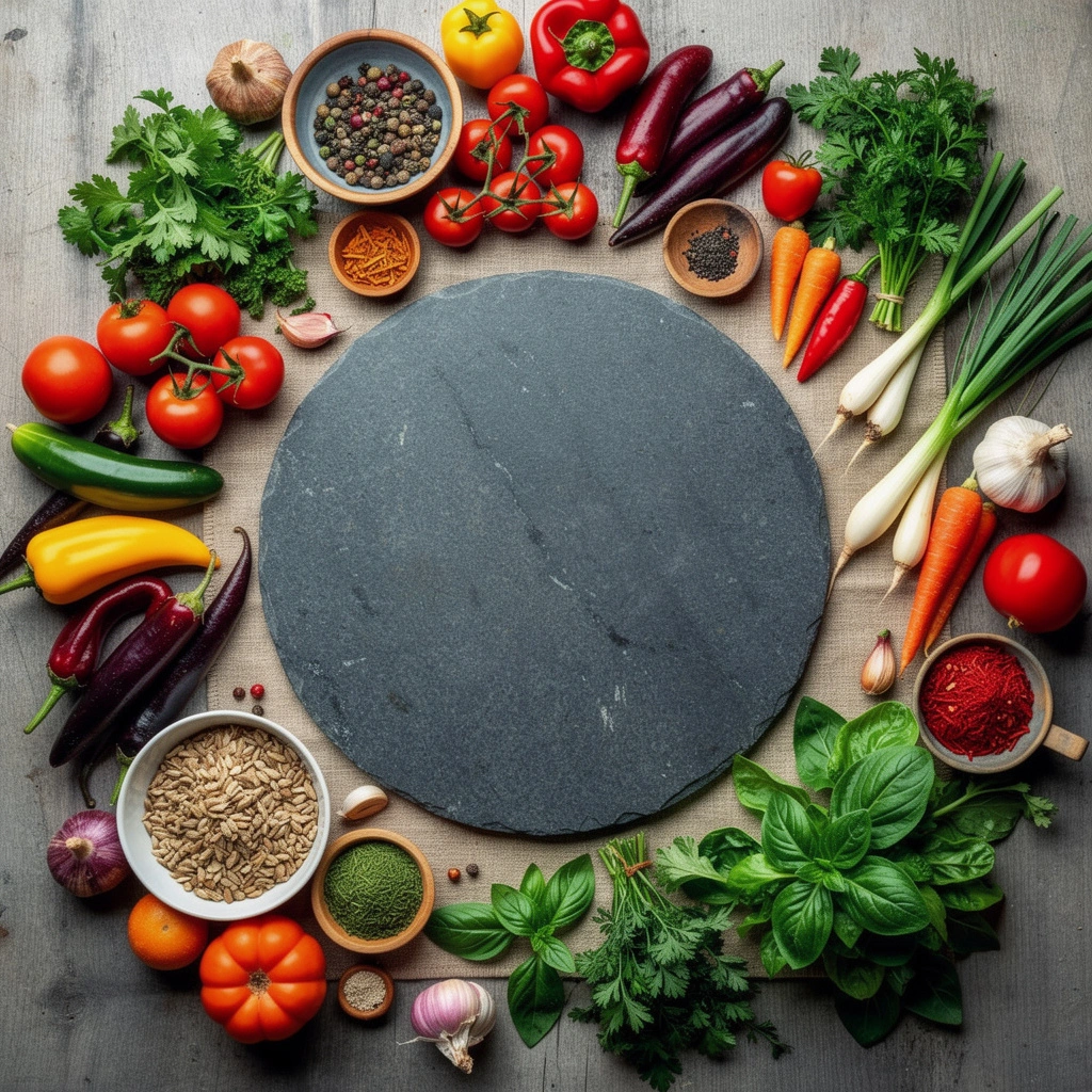 A top-down view of a wooden cutting board surrounded by a variety of fresh vegetables, including cherry tomatoes, bell peppers, corn, garlic, and leafy greens on a rustic wooden table.