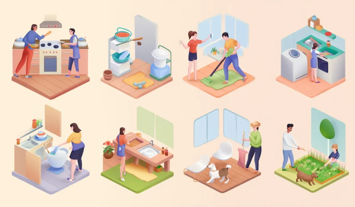 An isometric illustration featuring eight different scenes of people performing various household chores, including cooking, cleaning, doing laundry, mopping with a pet nearby, and gardening.
