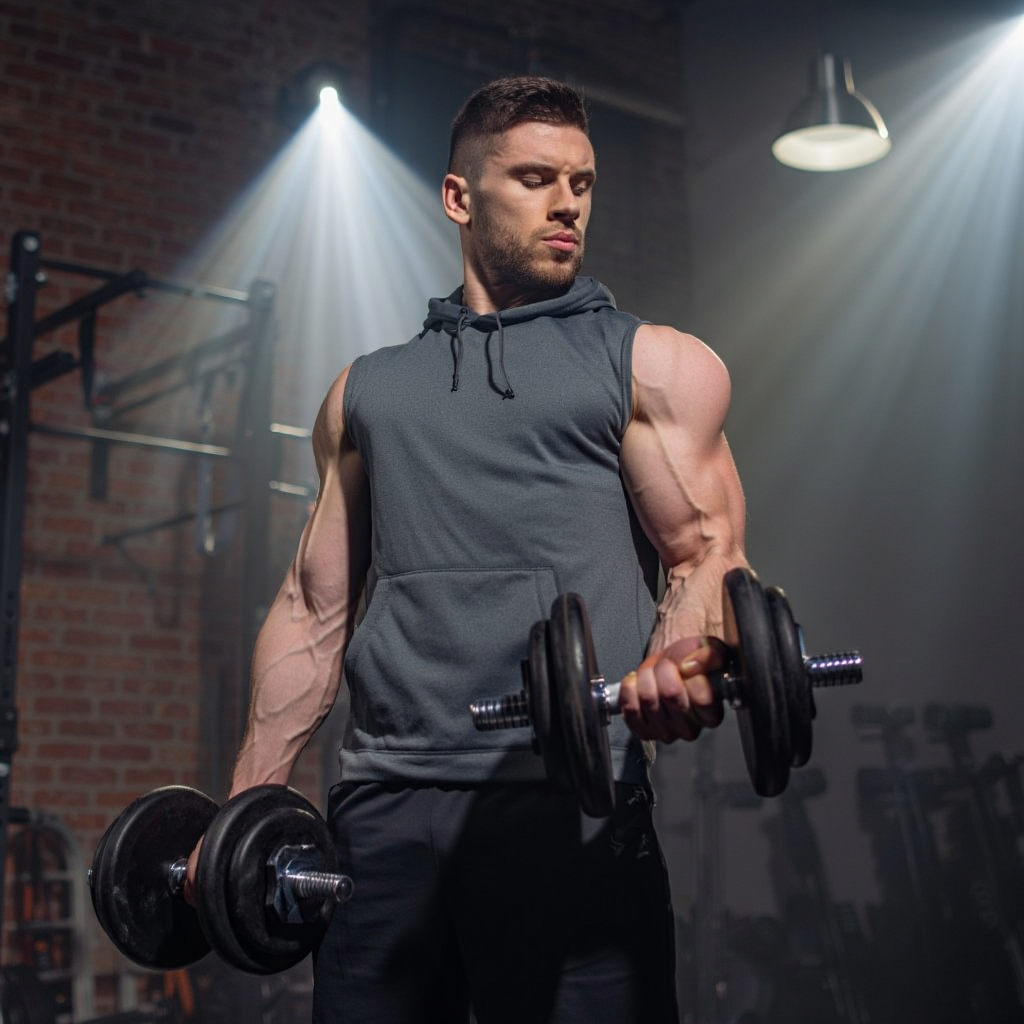 A muscular man in a grey sleeveless hoodie performing bicep curls with heavy dumbbells in a gym with dramatic overhead lighting.