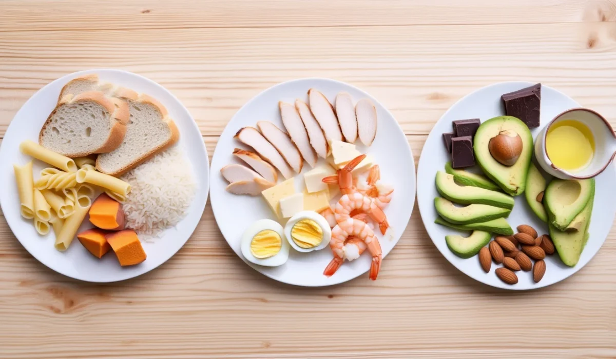 Three white plates on a wooden surface showing a balance of macronutrients: one with carbohydrates (bread, pasta, rice, sweet potato), one with proteins (chicken, shrimp, eggs, cheese), and one with healthy fats (avocado, almonds, olive oil, dark chocolate).