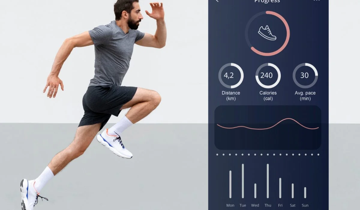 A side-by-side graphic featuring a man in a grey athletic shirt sprinting and a digital "Progress" dashboard showing 4.2 km distance, 240 calories burned, and a 30-minute average pace with weekly activity bar charts.