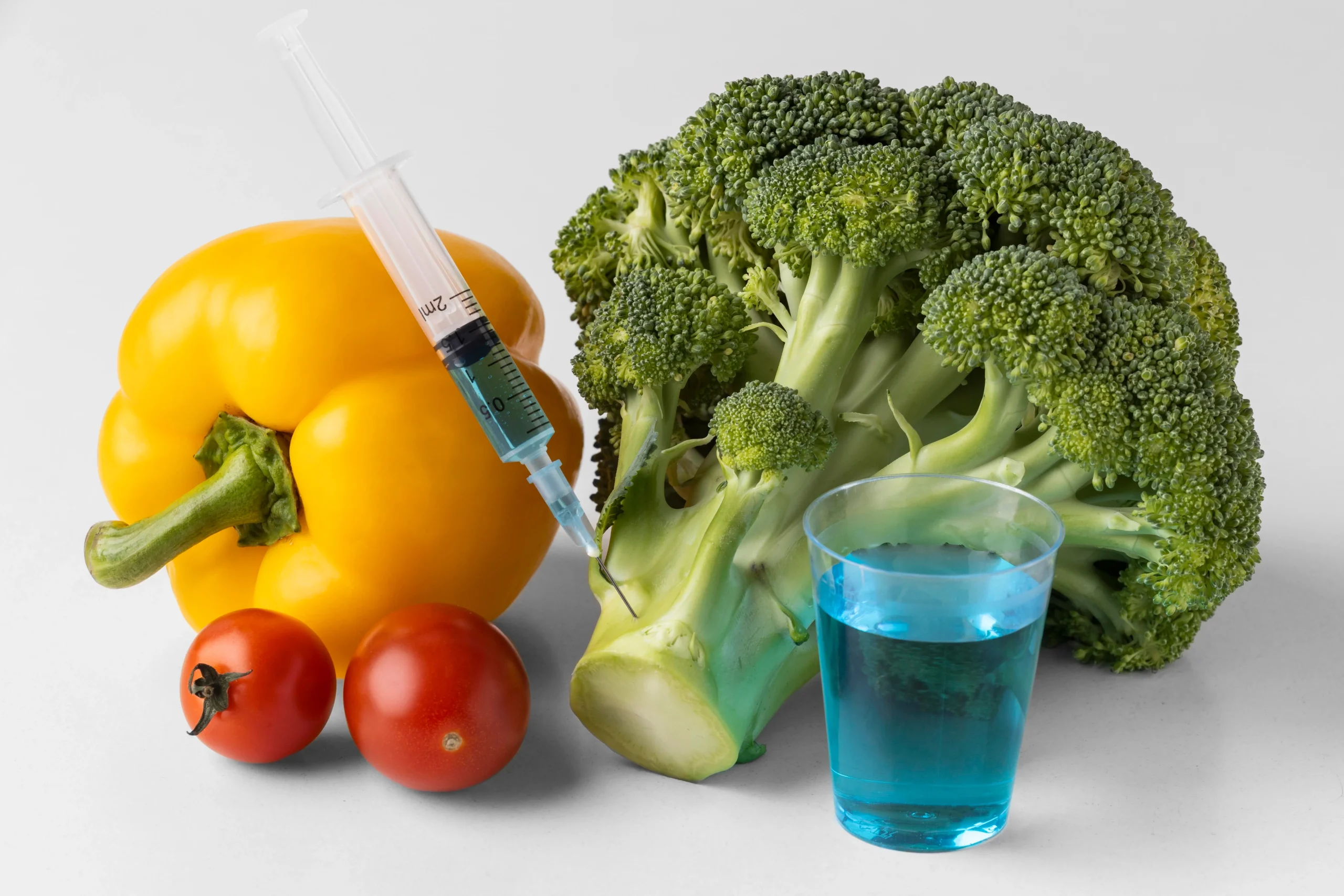 A close-up of a yellow bell pepper, cherry tomatoes, and a head of broccoli on a white surface, with a medical syringe injecting a blue liquid into the broccoli stem.