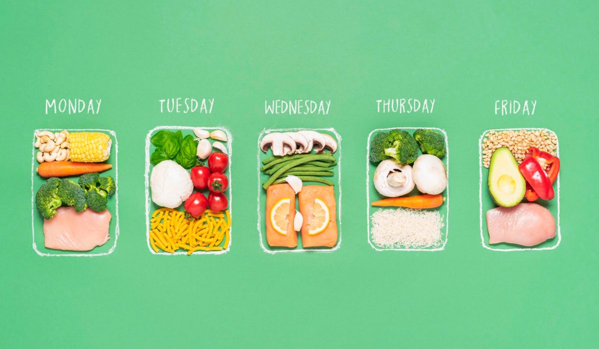 Weekly meal plan meal prep concept raw food ingredients in boxes